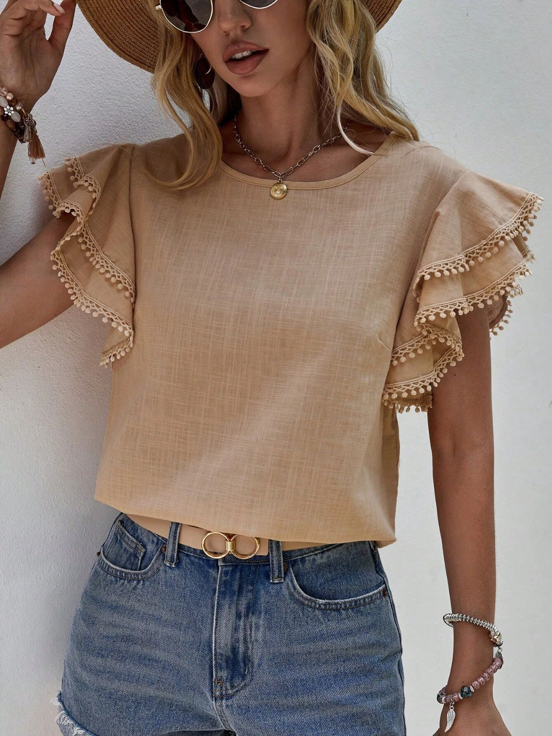 Ruffled Cap Sleeve Round Neck Blouse nicholesgifts