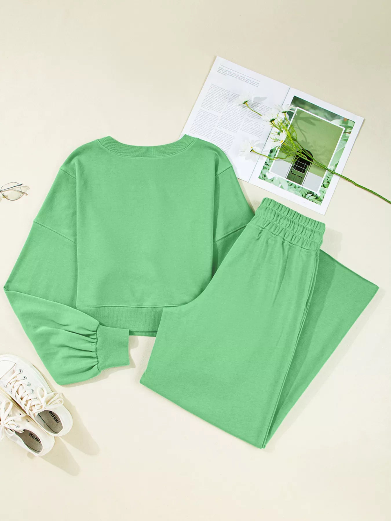 Drop Shoulder Puff Sleeve Crop Top and Drawstring Wide Leg Pants Set Trendsi