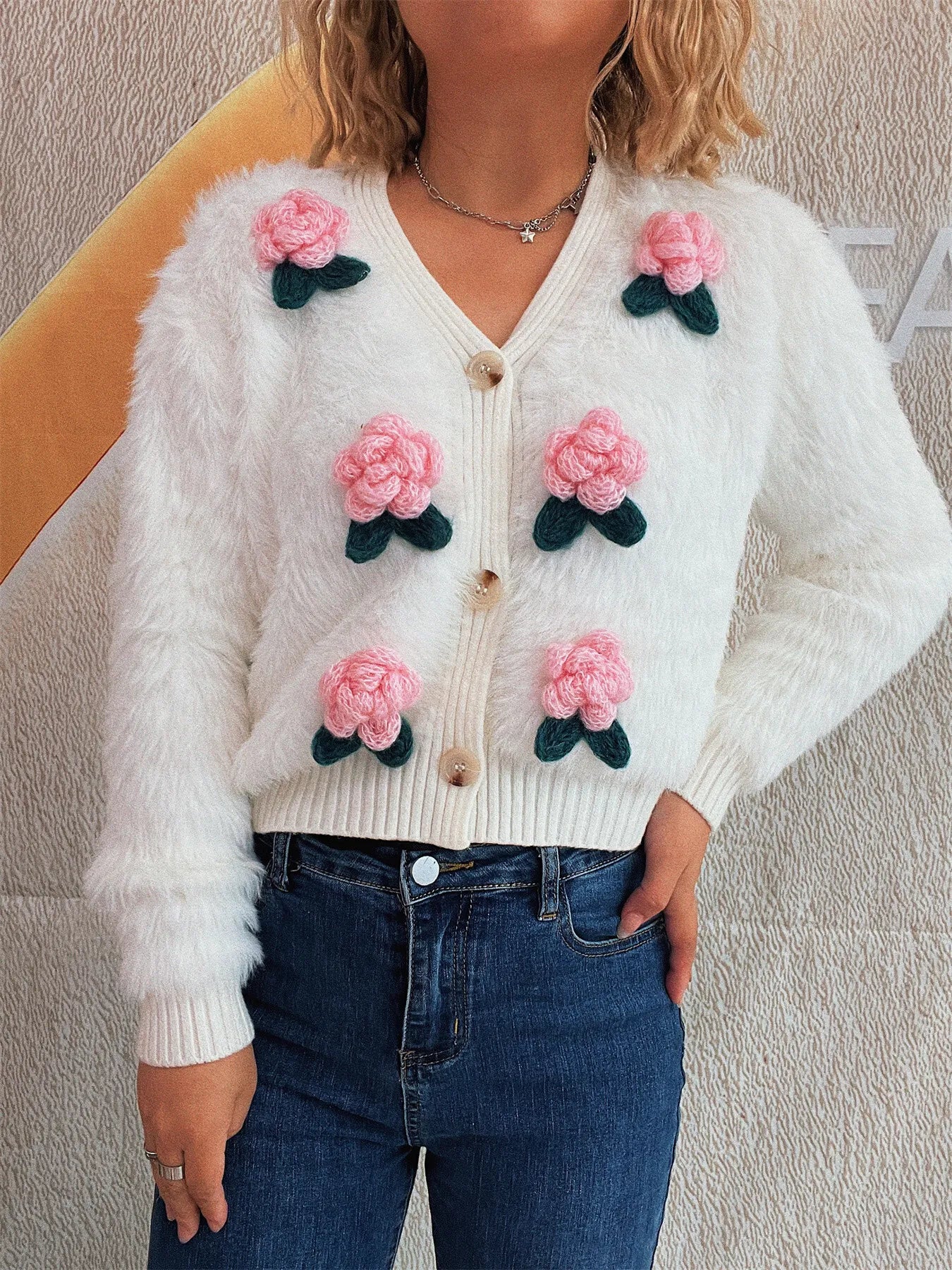 Flower Fuzzy Button-Up Cardigan