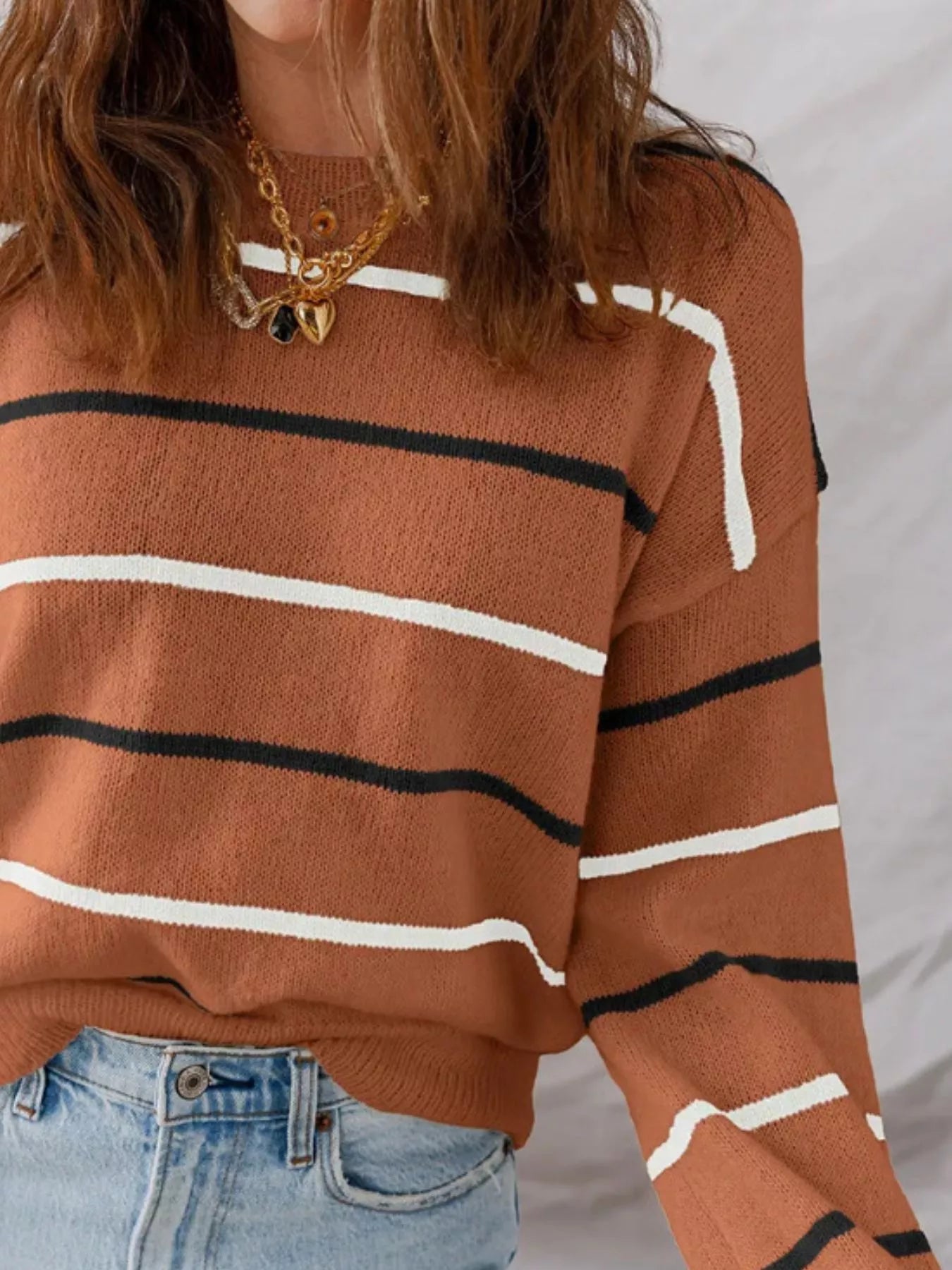 Striped Round Neck Drop Shoulder Sweater NicholesGifts
