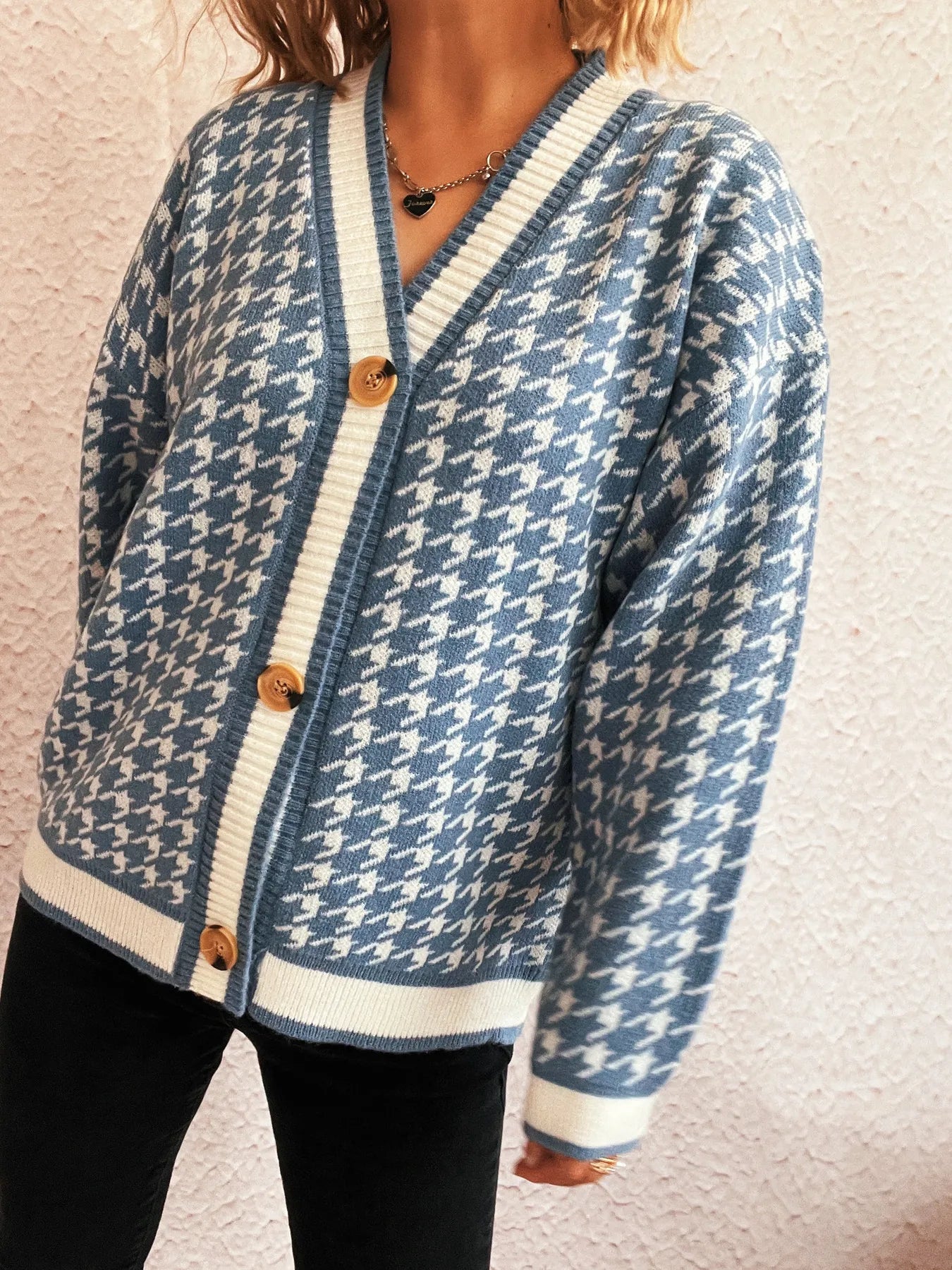 Houndstooth Pattern V-Neck Button-Up Cardigan