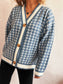 Women Houndstooth Pattern V-Neck Button-Up Cardigan Sweater nicholesgifts