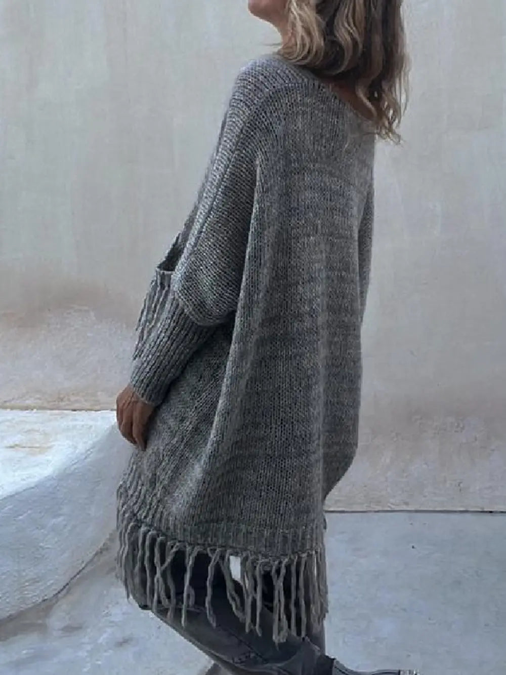 Fringe Detail Long Sleeve Sweater with Pockets Trendsi