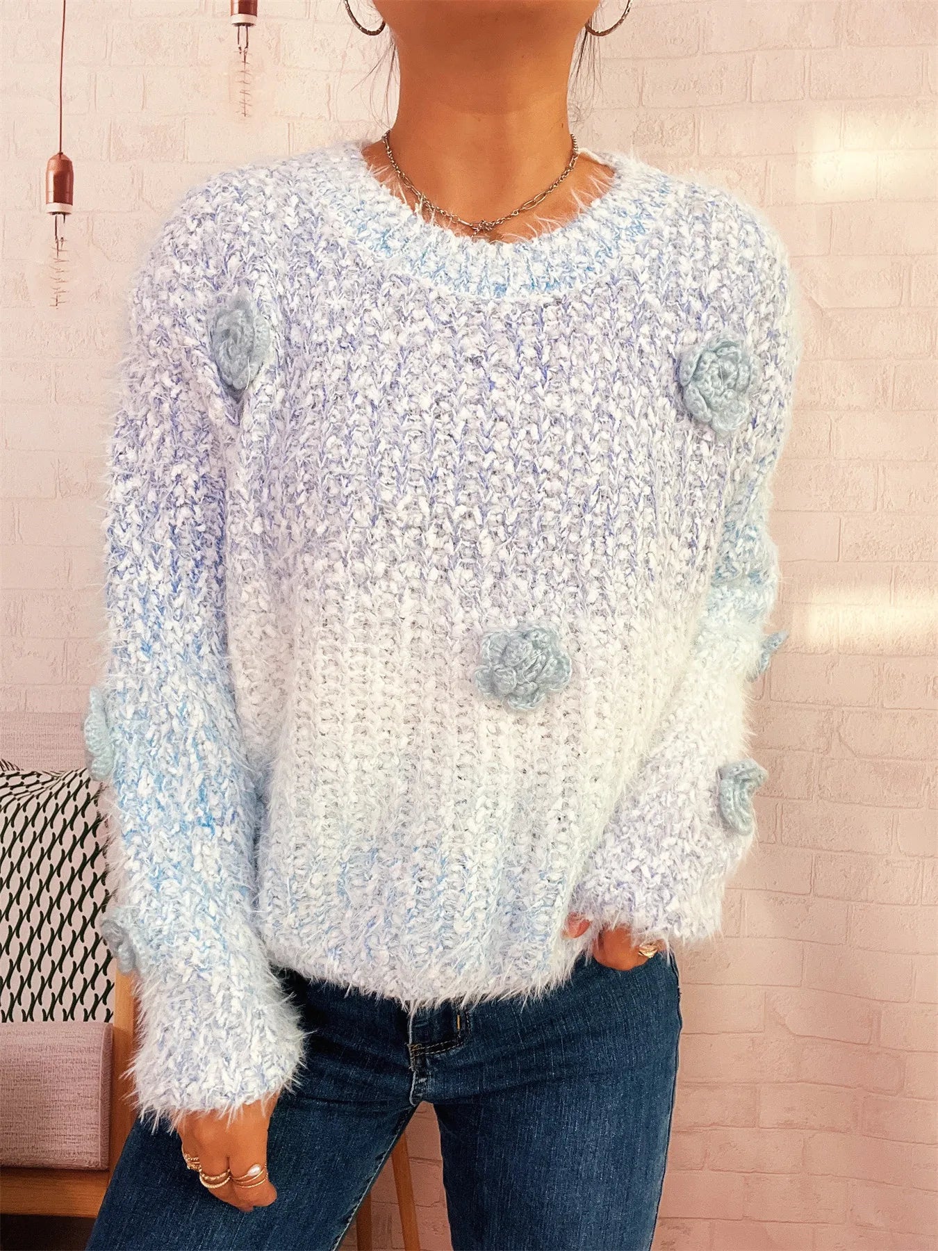 Flower Embellished Round Neck Sweater