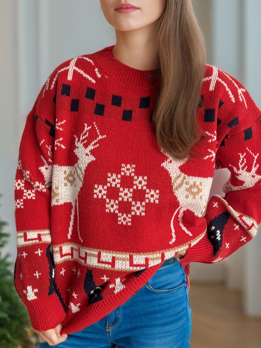 Christmas Element Round Neck Long Sleeve Sweater nicholesgifts