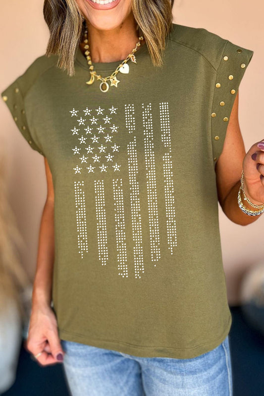 Women Moss Colored Rhinestone US Flag Round Neck Cap Sleeve T-Shirt nicholesgifts