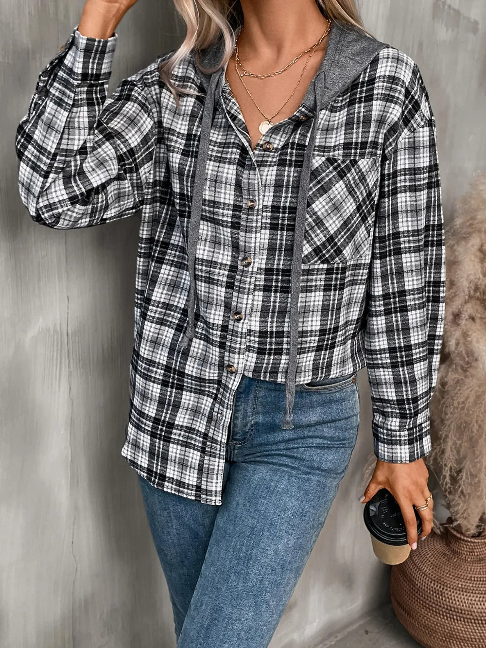 Plaid Long Sleeve Hooded Jacket nicholesgifts