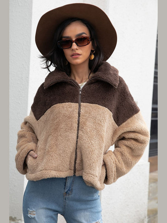 Two-Tone Collared Neck Fuzzy Jacket nicholesgifts