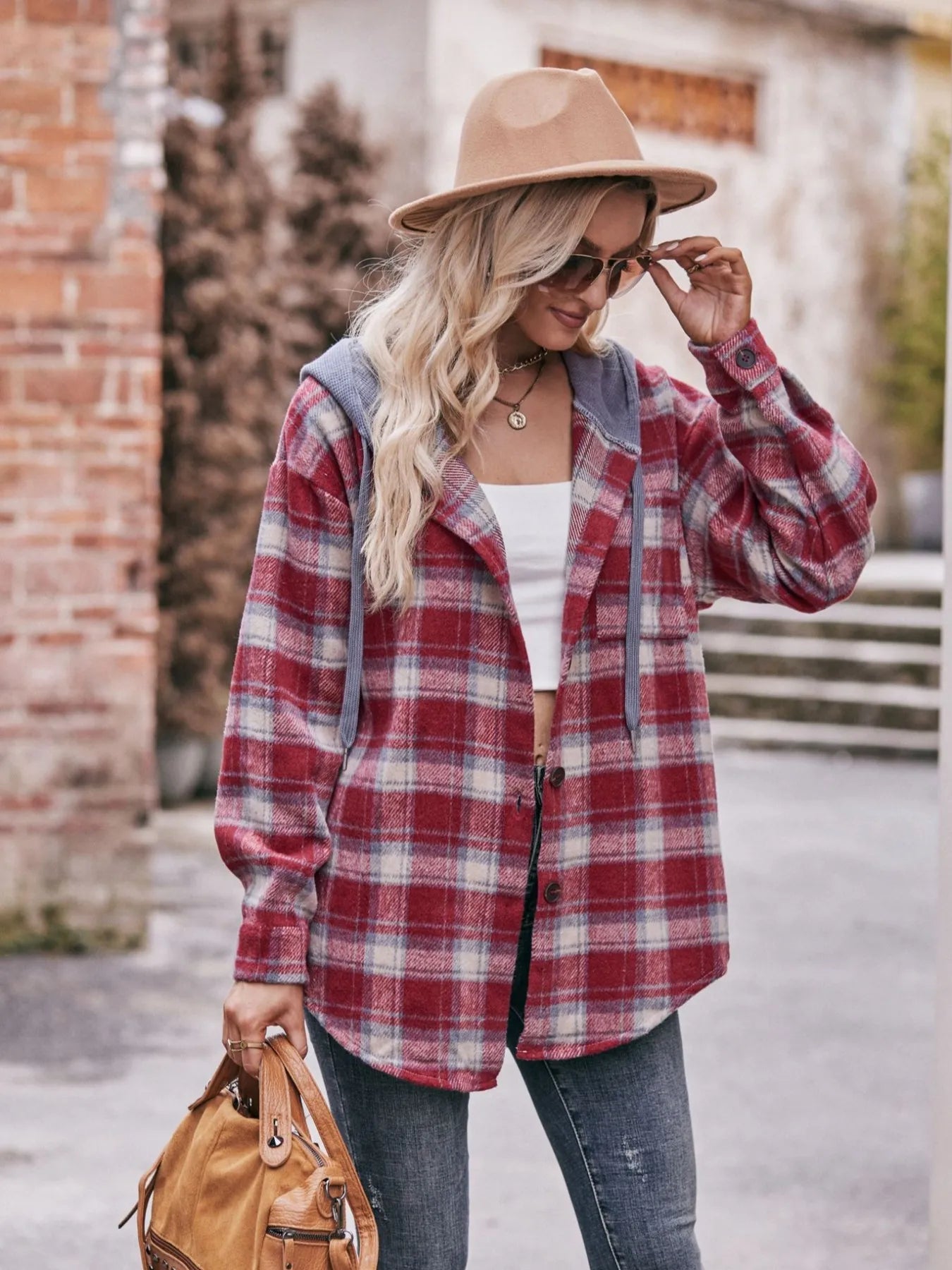 Oversized Plaid Button Up Shacket Trendsi