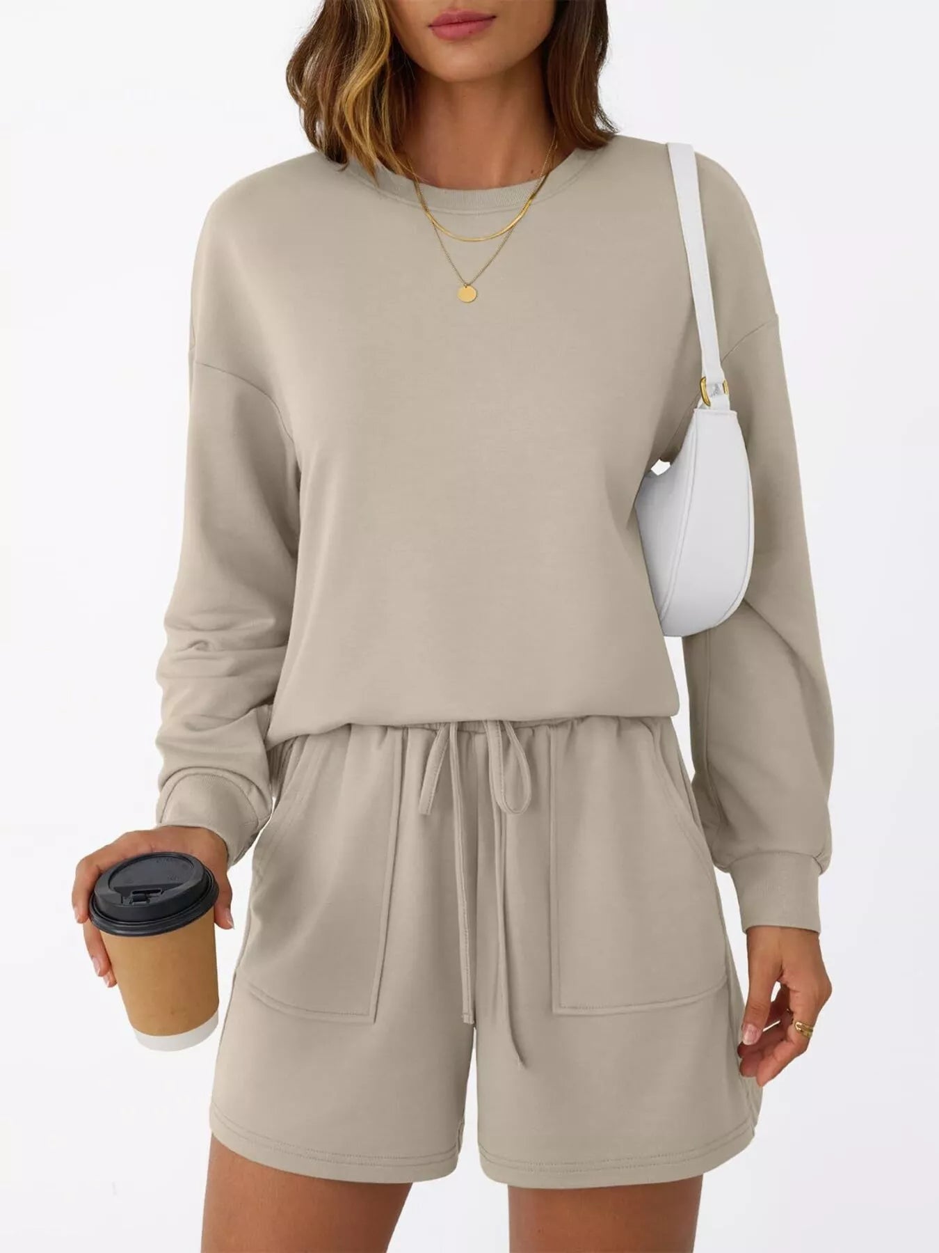 Round Neck Long Sleeve Top and Shorts Set Trendsi