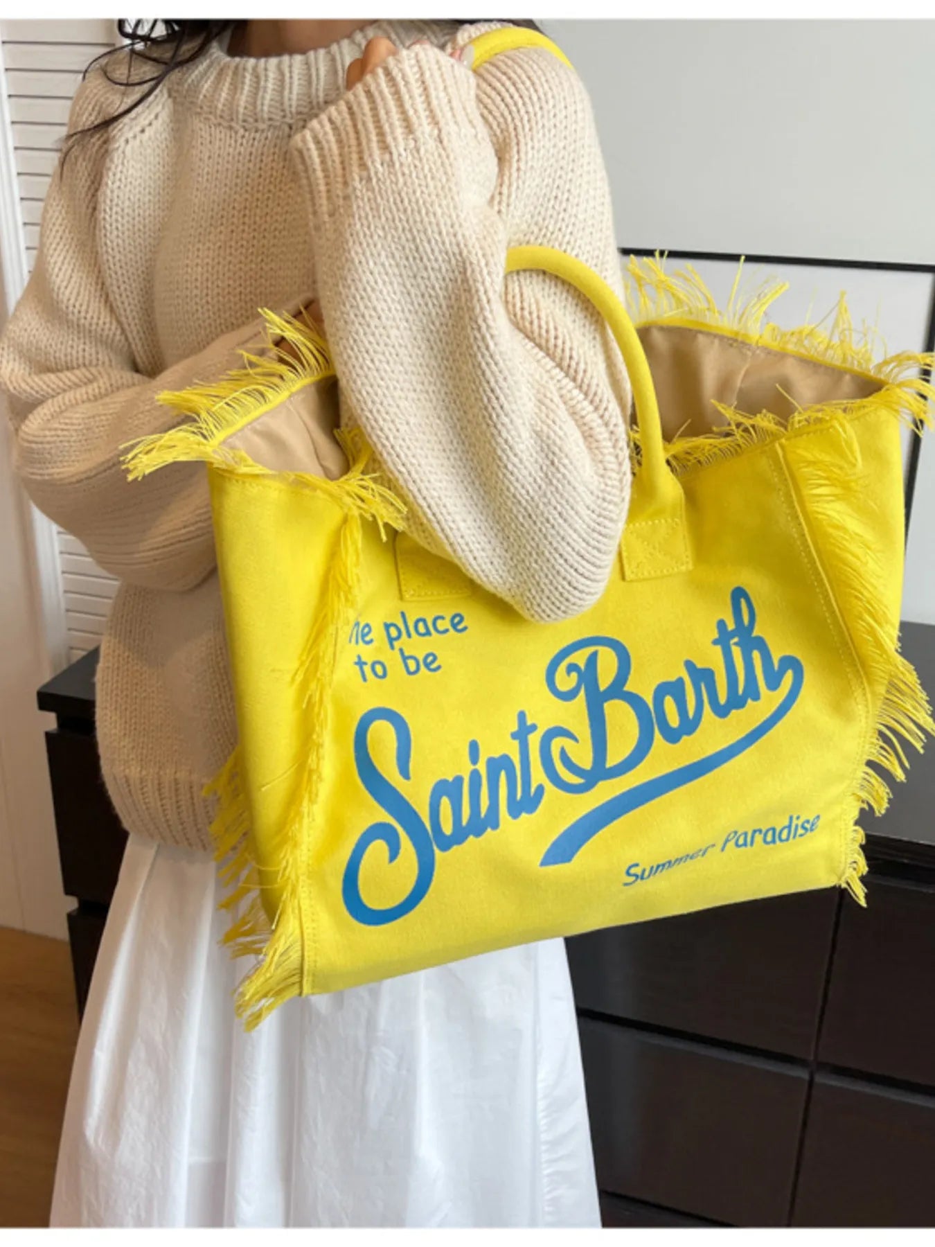 Fringe Letter Canvas Tote Bag Trendsi