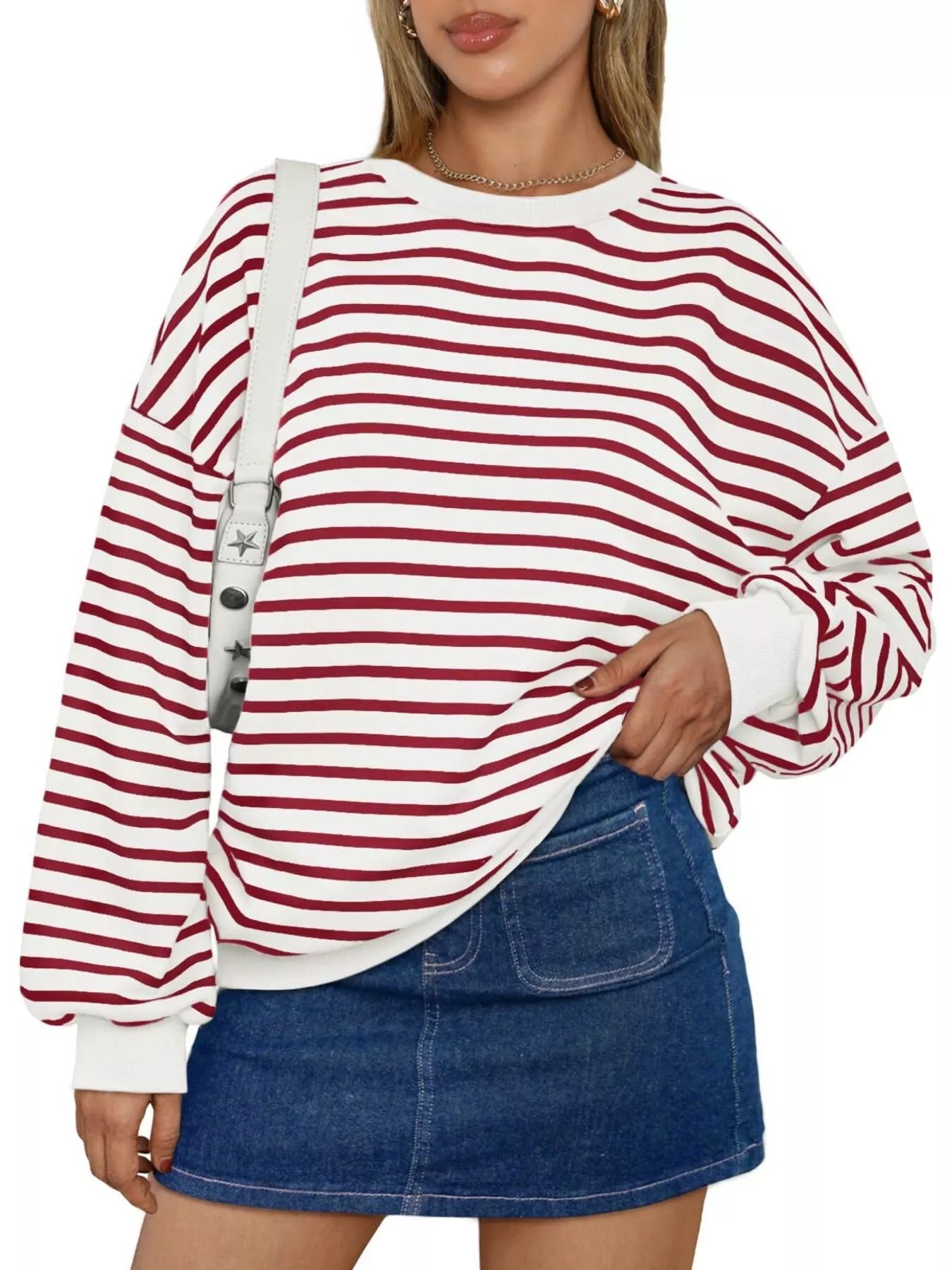 Striped Round Neck Oversized Casual Sweatshirt Trendsi