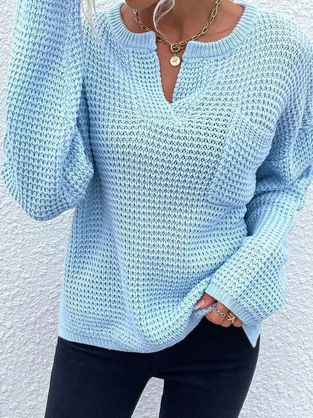 Notched Long Sleeve Sweater nicholesgifts