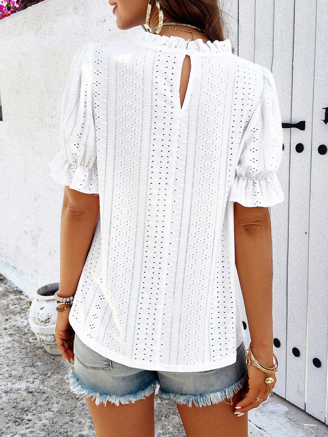 Eyelet Mock Neck Flounce Sleeve Blouse nicholesgifts