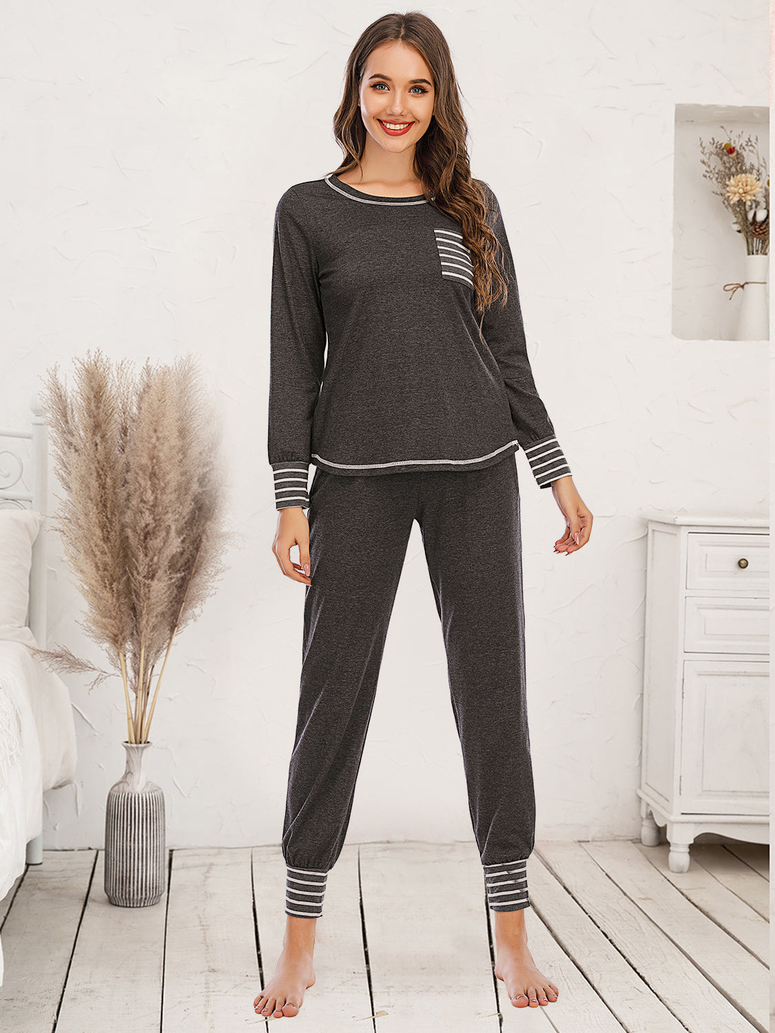 Round Neck Top and Pants Lounge Set nicholesgifts
