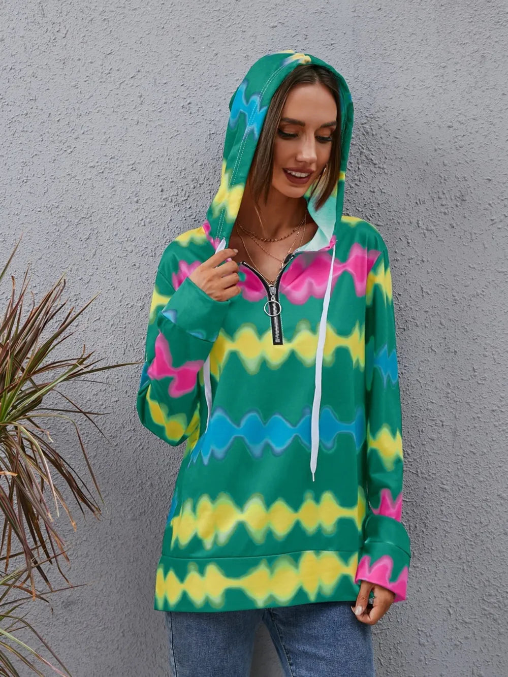 Contrast Quarter Zip Dropped Shoulder Hoodie Trendsi