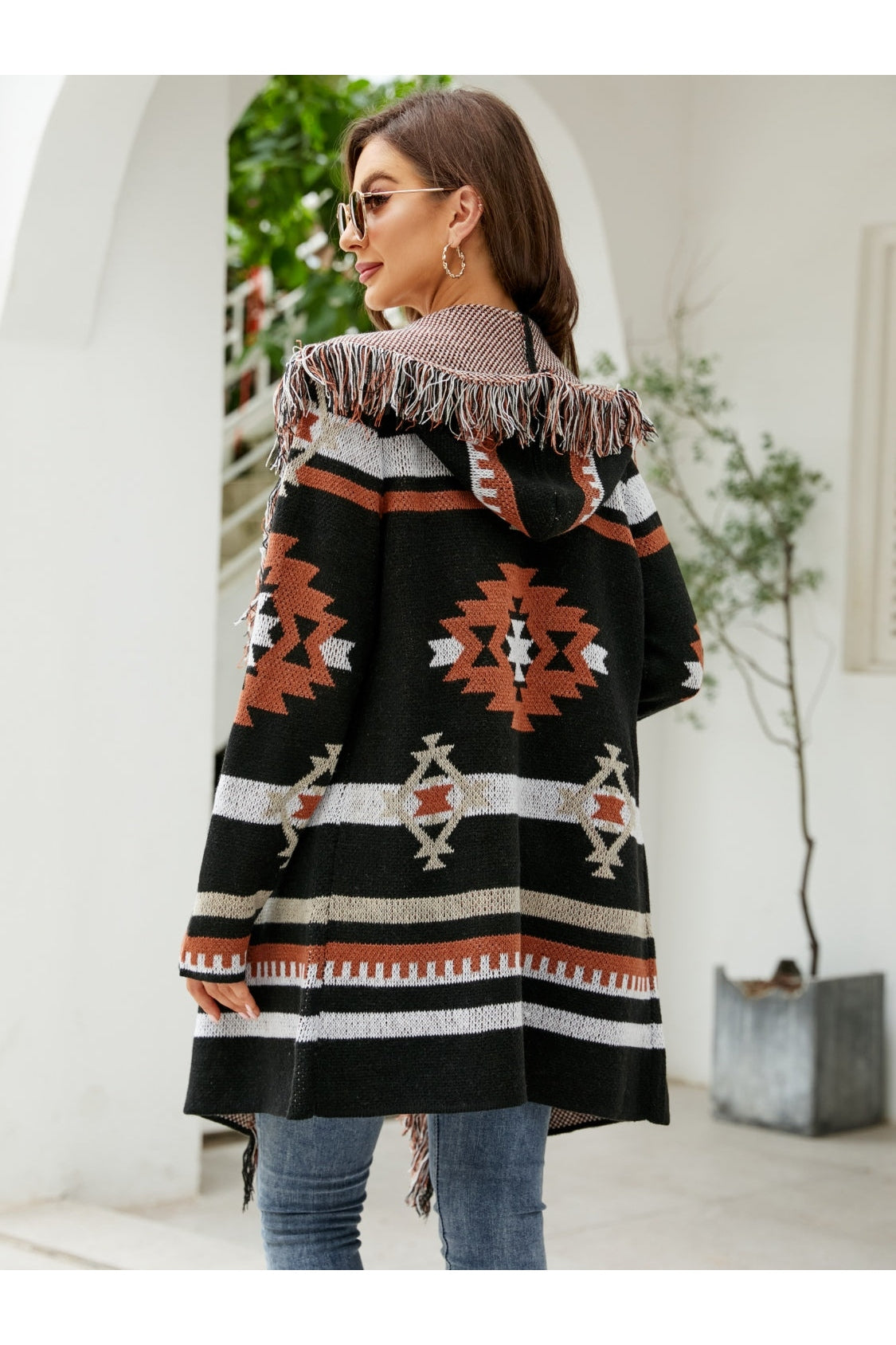 Fringe Geometric Hooded Long Sleeve Cardigan nicholesgifts