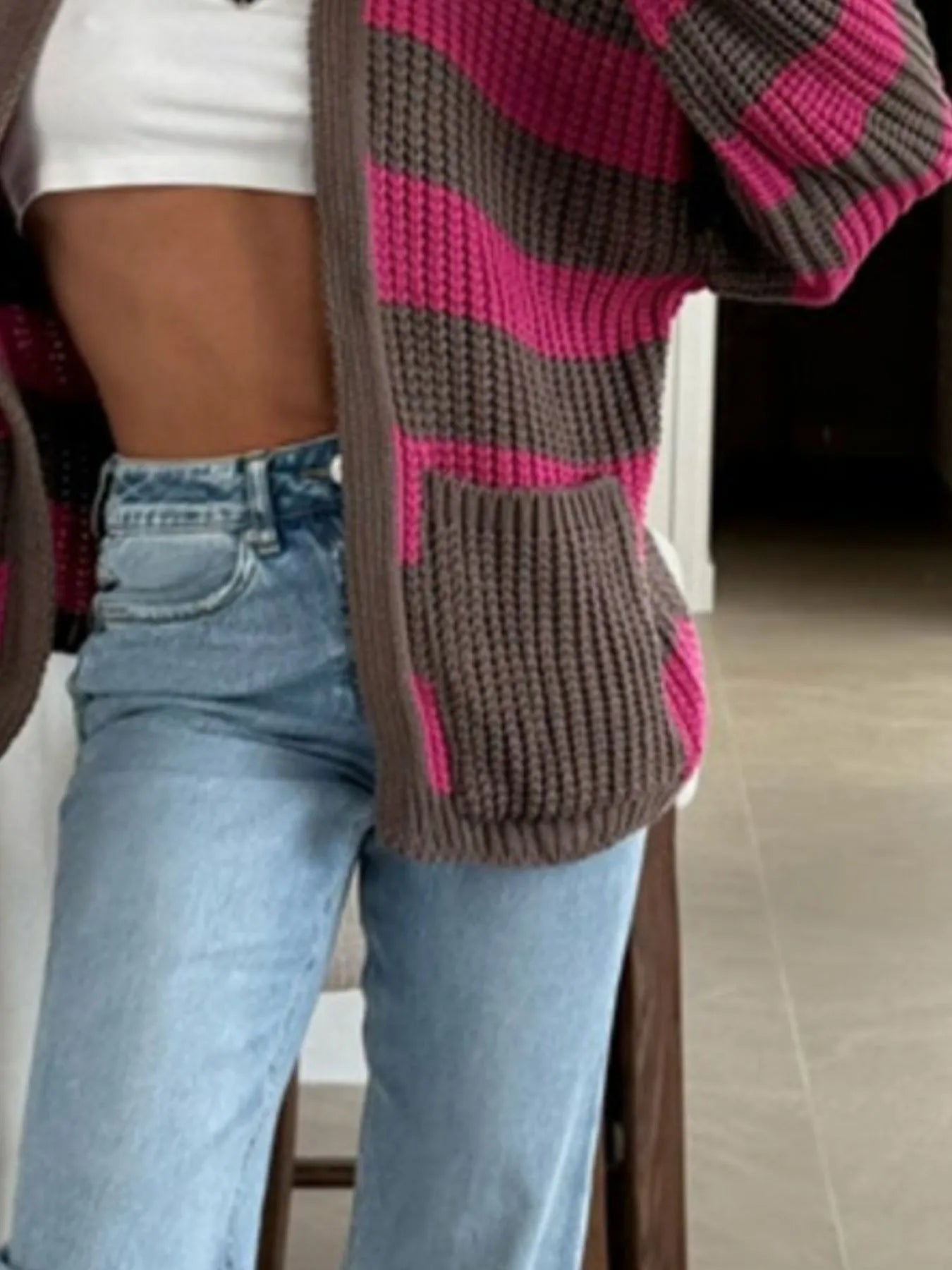 Striped Open Front Long Sleeve Cardigan Trendsi