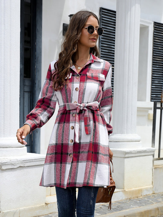 Plaid Belted Collared Neck Button Up Jacket NicholesGifts