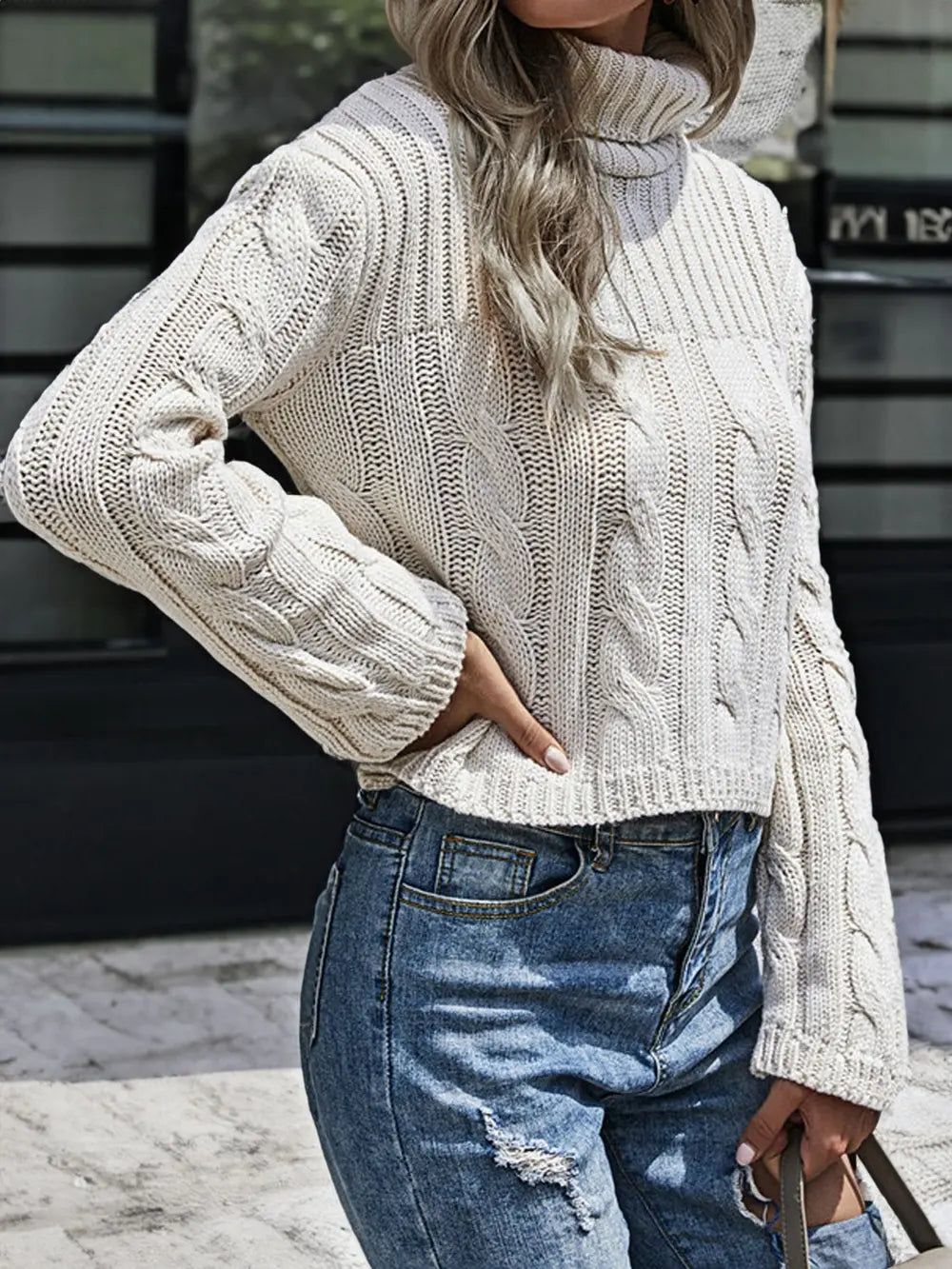 Cable-Knit Turtleneck Sweater Trendsi