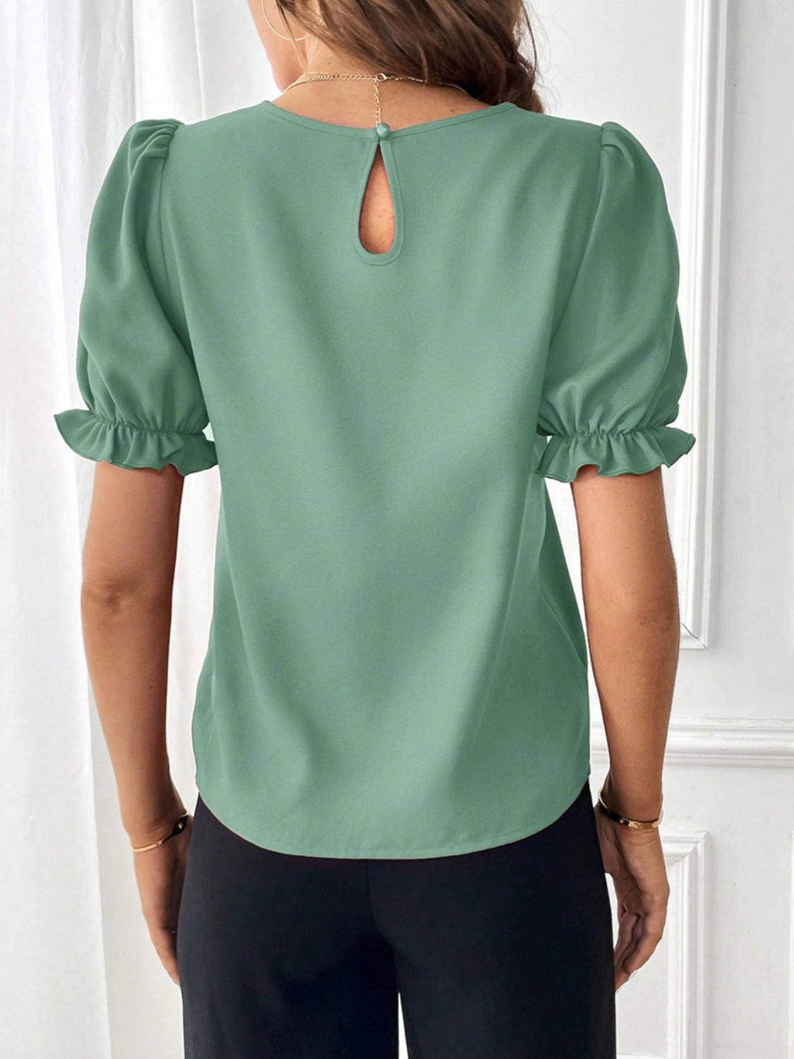 Round Neck Flounce Sleeve Blouse nicholesgifts