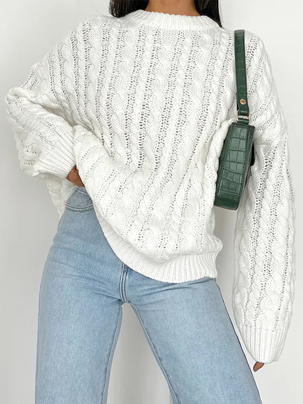Openwork Round Sleeve Cable-Knit Sweater Trendsi