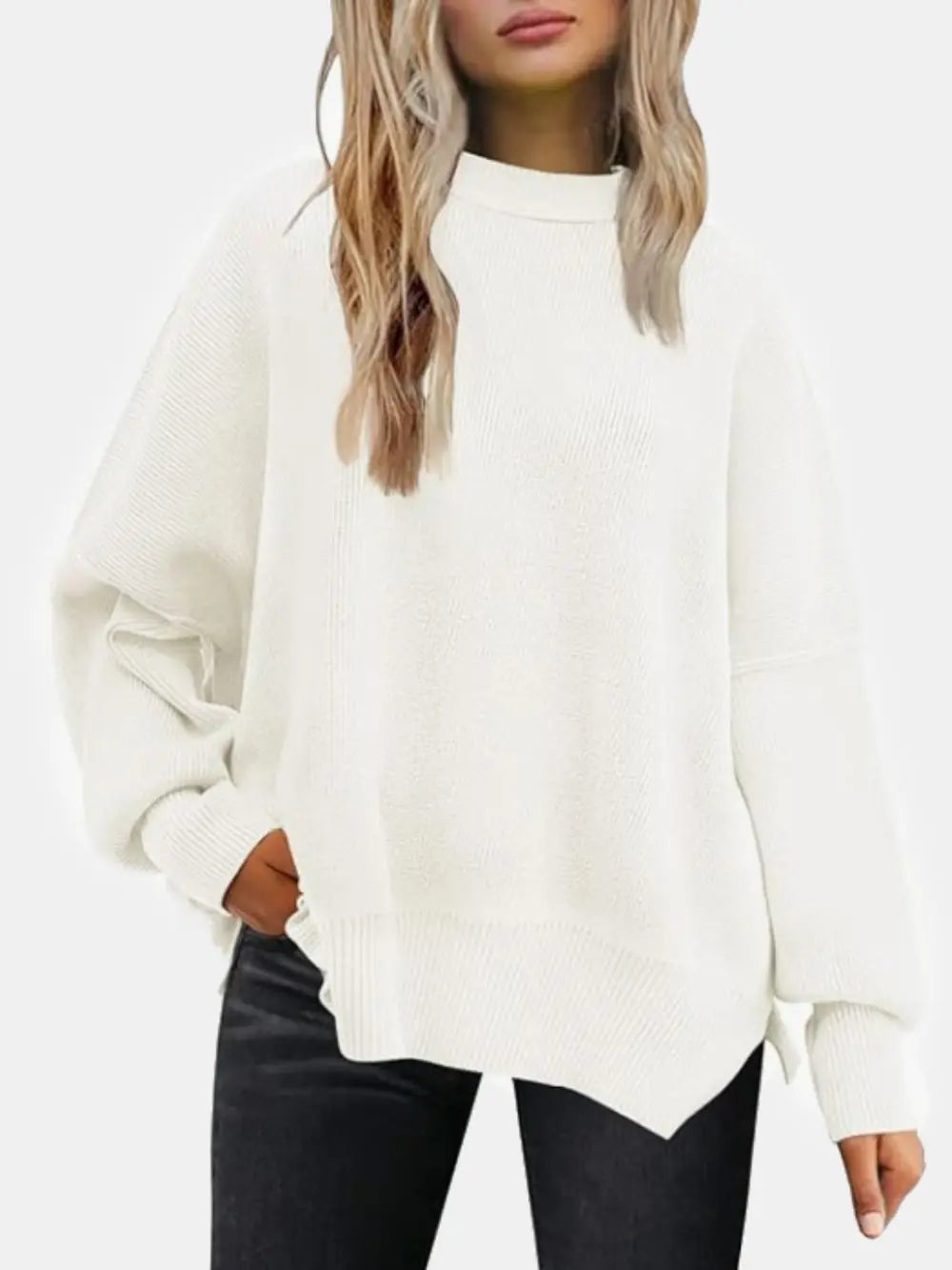 Round Neck Drop Shoulder Slit Sweater Trendsi