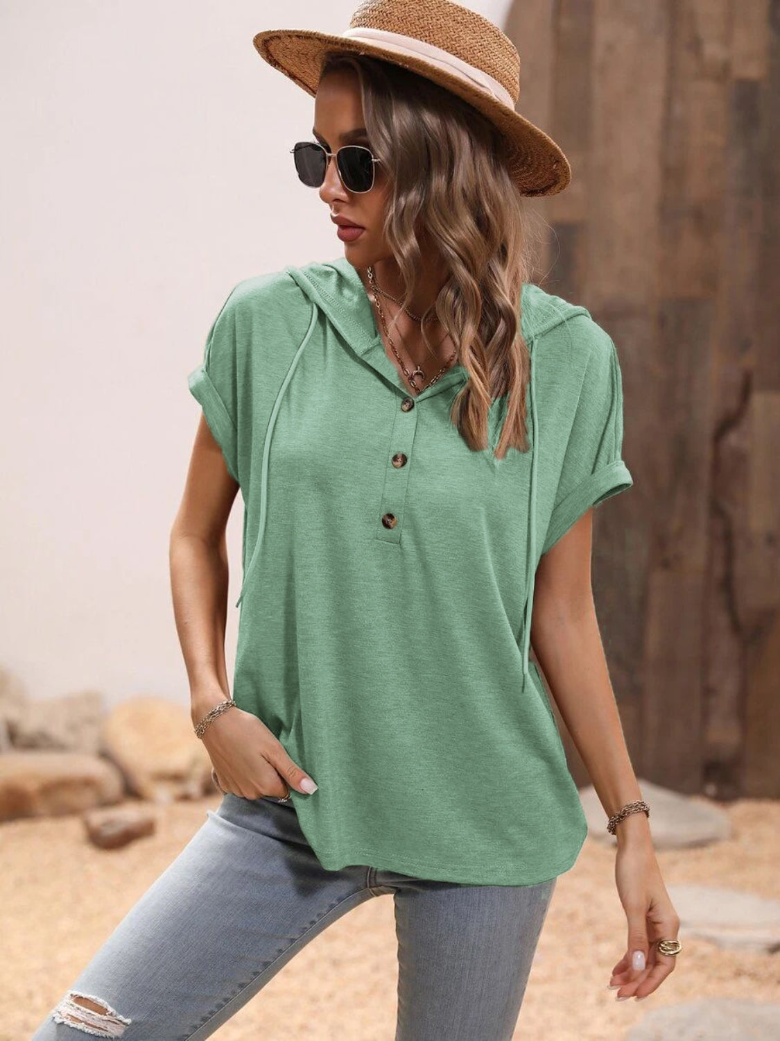 Half Button Hooded Short Sleeve Blouse nicholesgifts