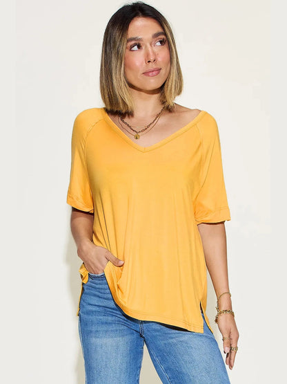 Basic Bae Full Size Bamboo Slit V-Neck Short Sleeve T-Shirt nicholesgifts