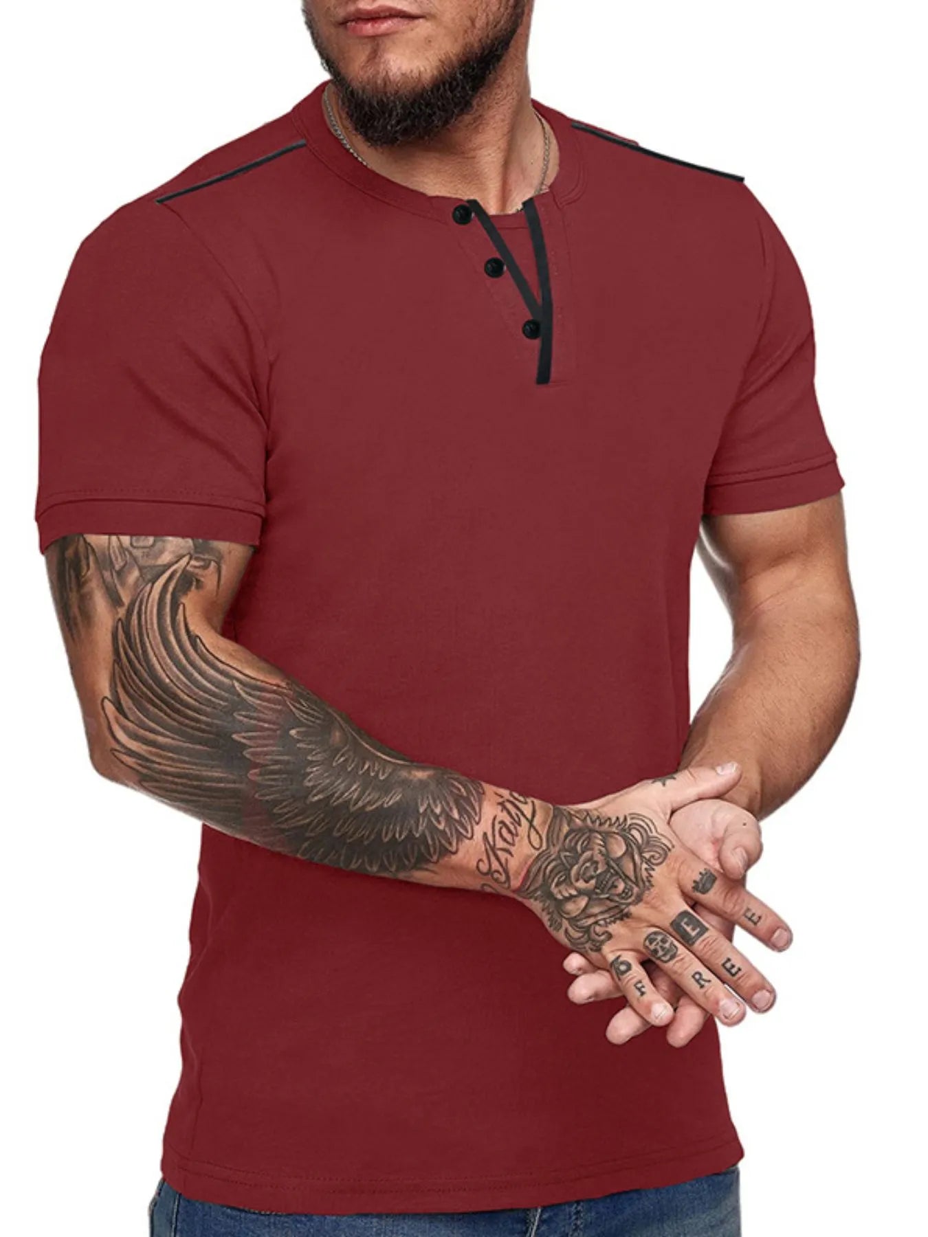Men's Casual Henley Short Sleeve T-Shirt with Contrast Trim NicholesGifts