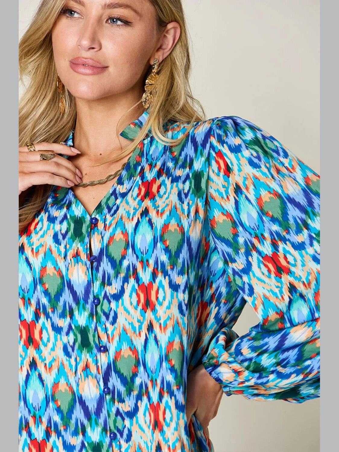 Double Take Full Size Printed Balloon Sleeve Blouse nicholesgifts
