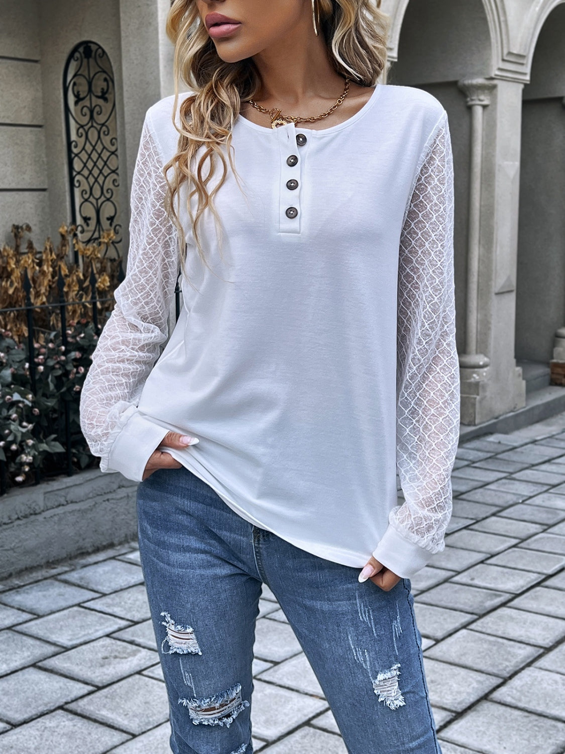 Quarter Button Round Neck Long Sleeve Blouse nicholesgifts