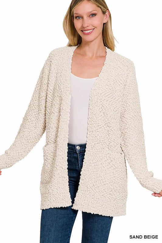 Zenana Long Sleeve Popcorn Sweater Cardigan with Pockets NicholesGifts