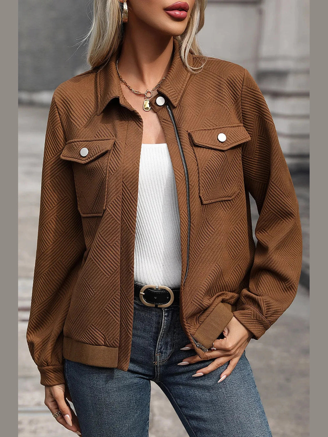 Perfee Textured Zip Up Collared Neck Jacket nicholesgifts