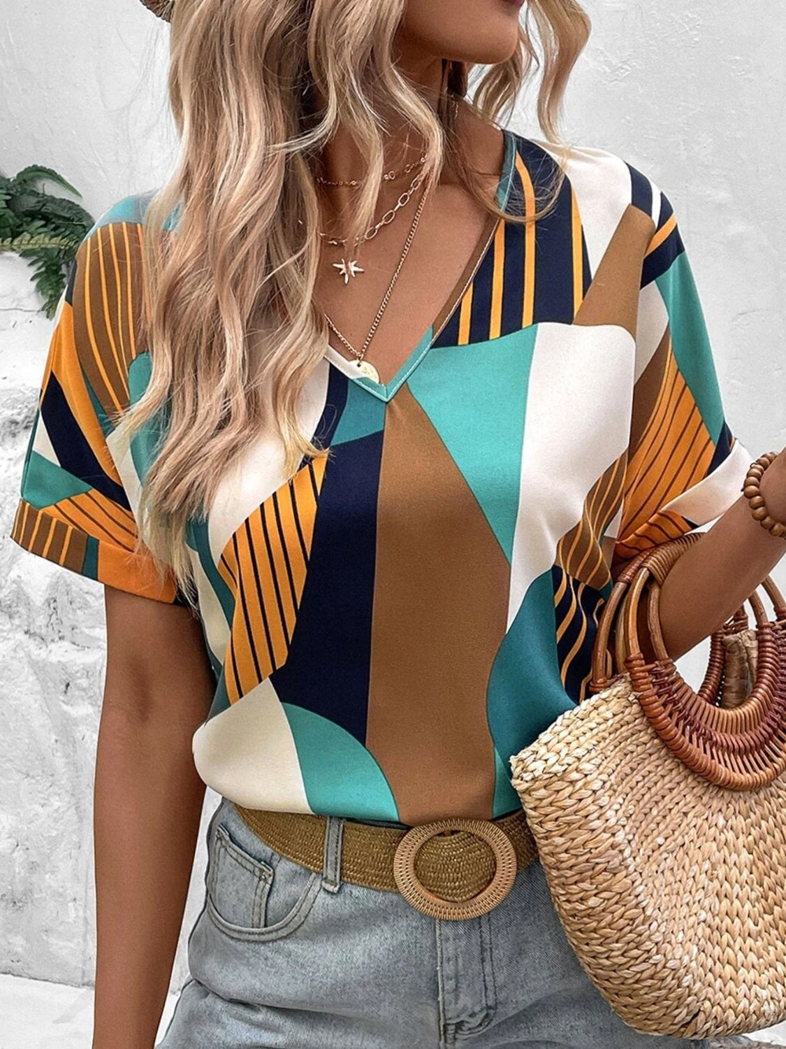 Printed V-Neck Short Sleeve Blouse nicholesgifts