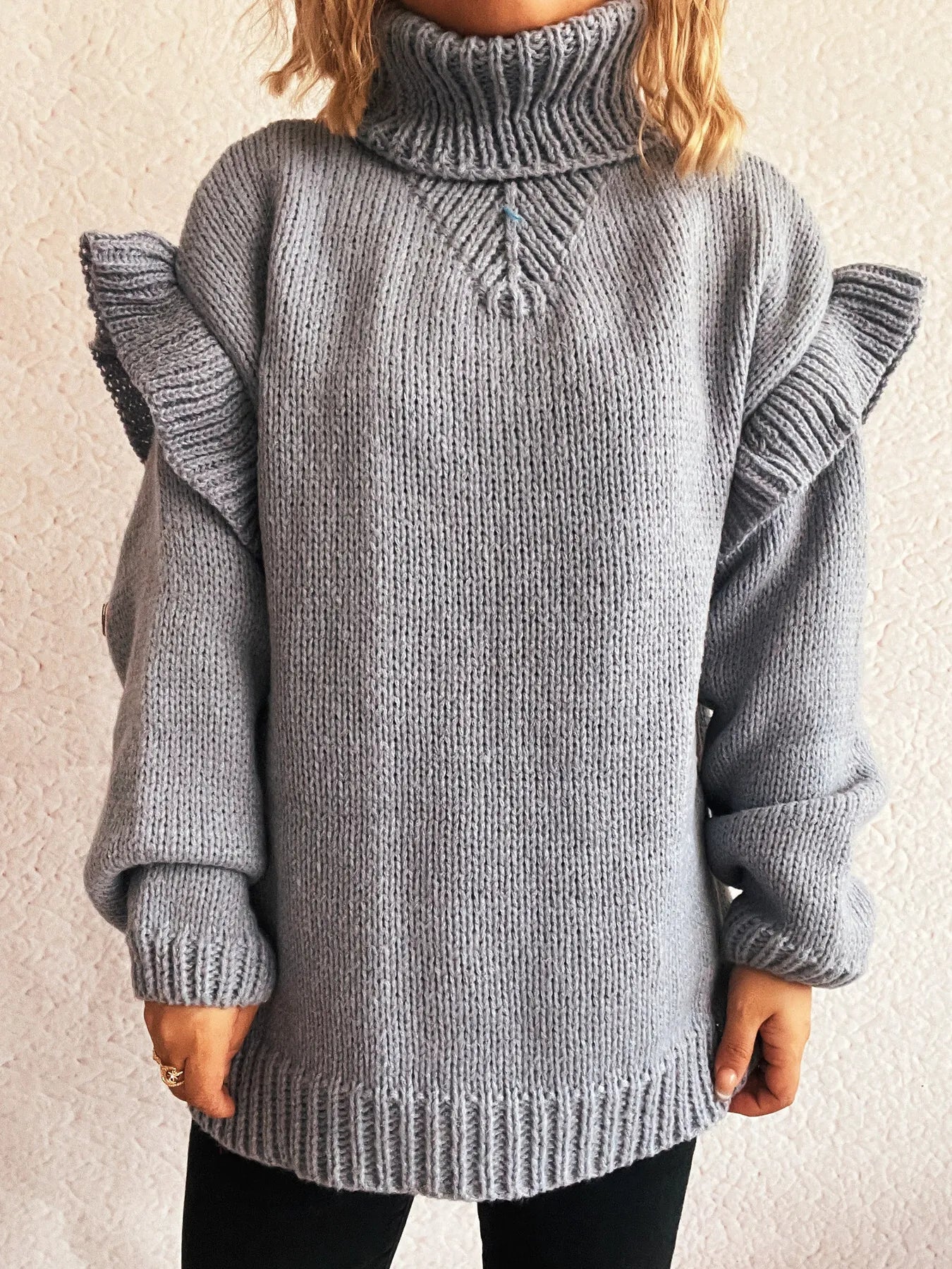 Women Ruffled Turtleneck Long Sleeve Sweater