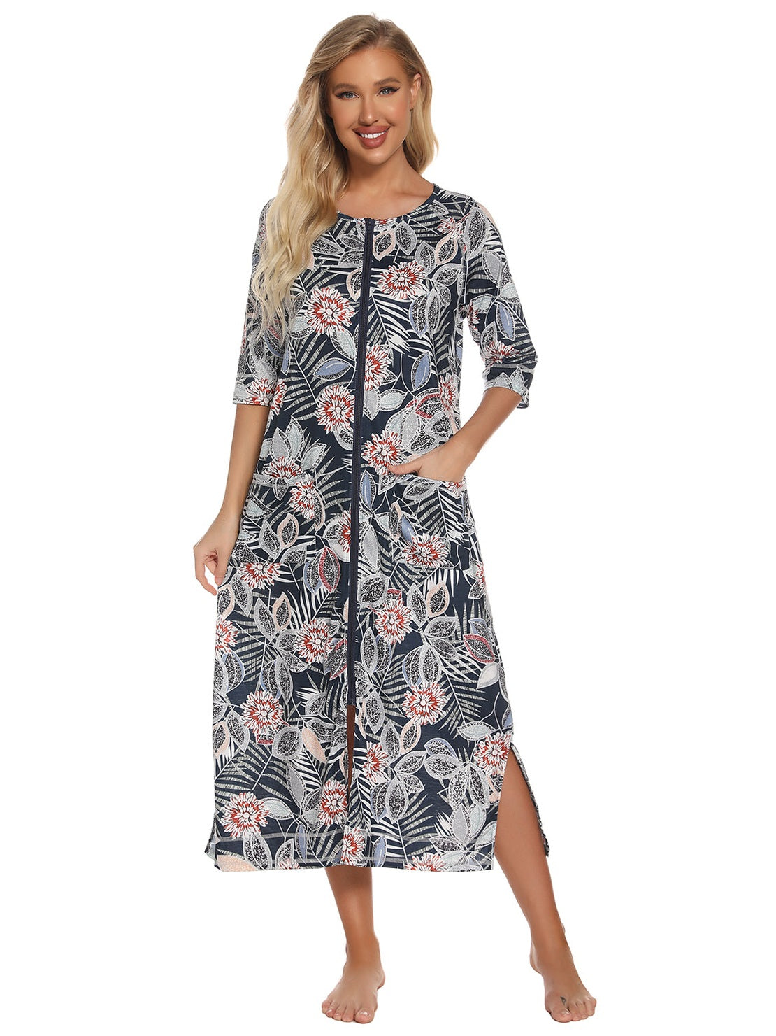 Printed Slit Night Dress with Pockets nicholesgifts