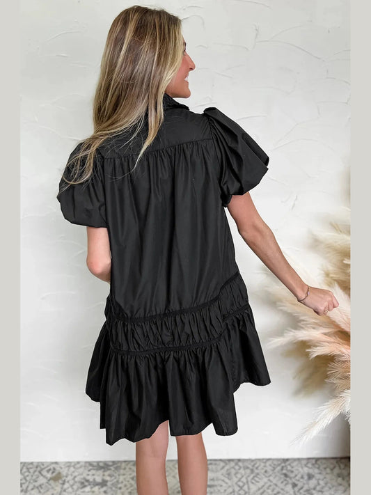 Button Down Puff Sleeve Ruffle Hem Dress NicholesGifts