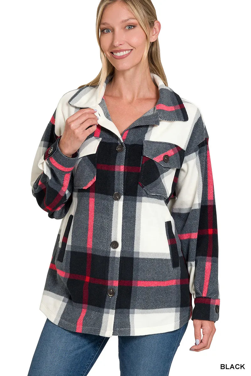 Zenana Oversized Plaid Fleece Shacket Trendsi