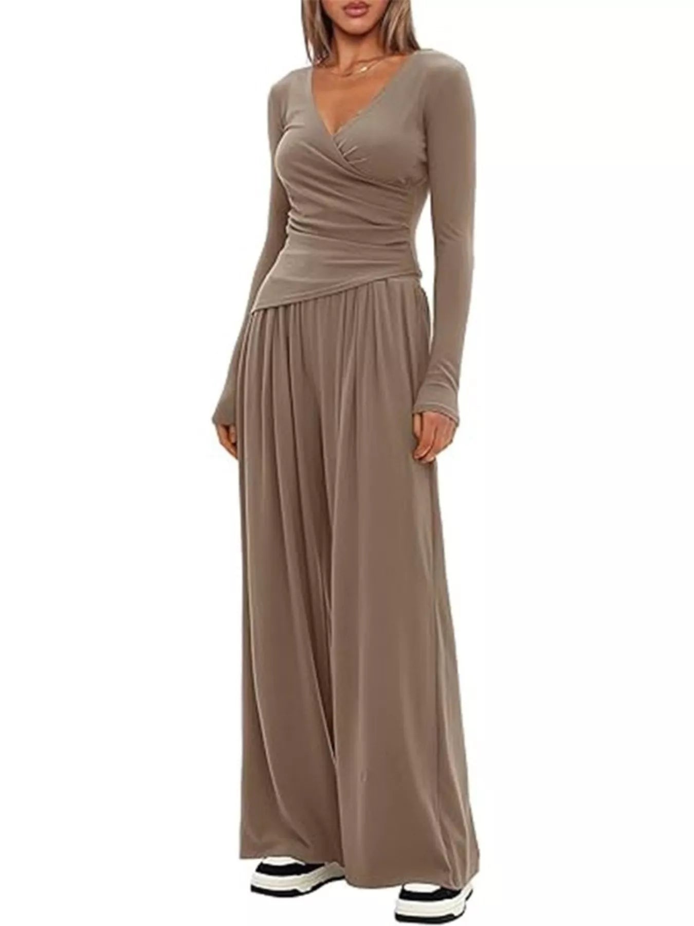 Casual Long Sleeve Top and Wide Leg Pants Set nicholesgifts