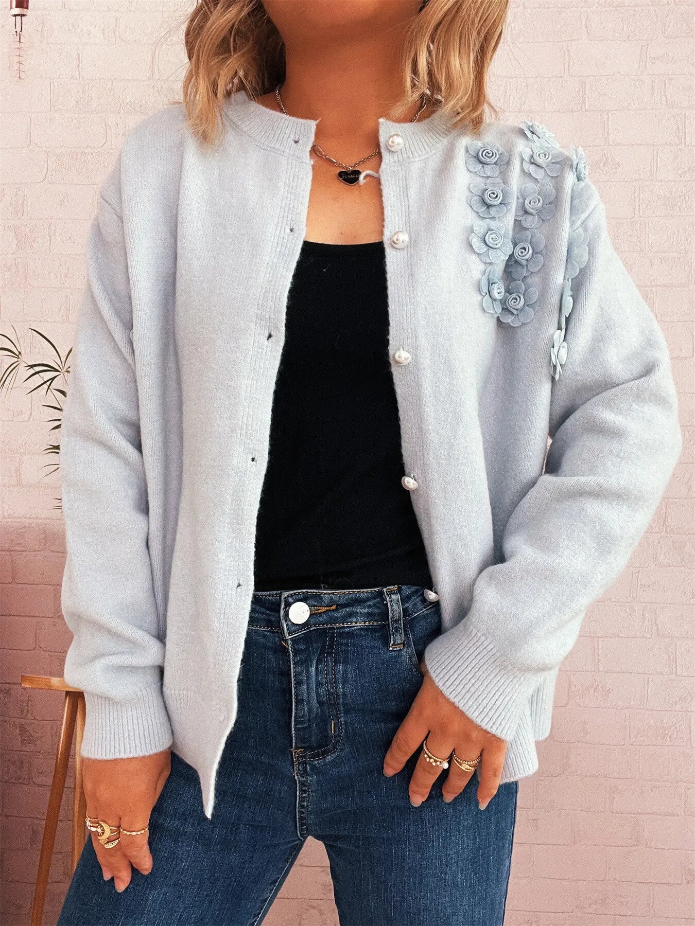 Flower Button Up Long Sleeve Cardigan