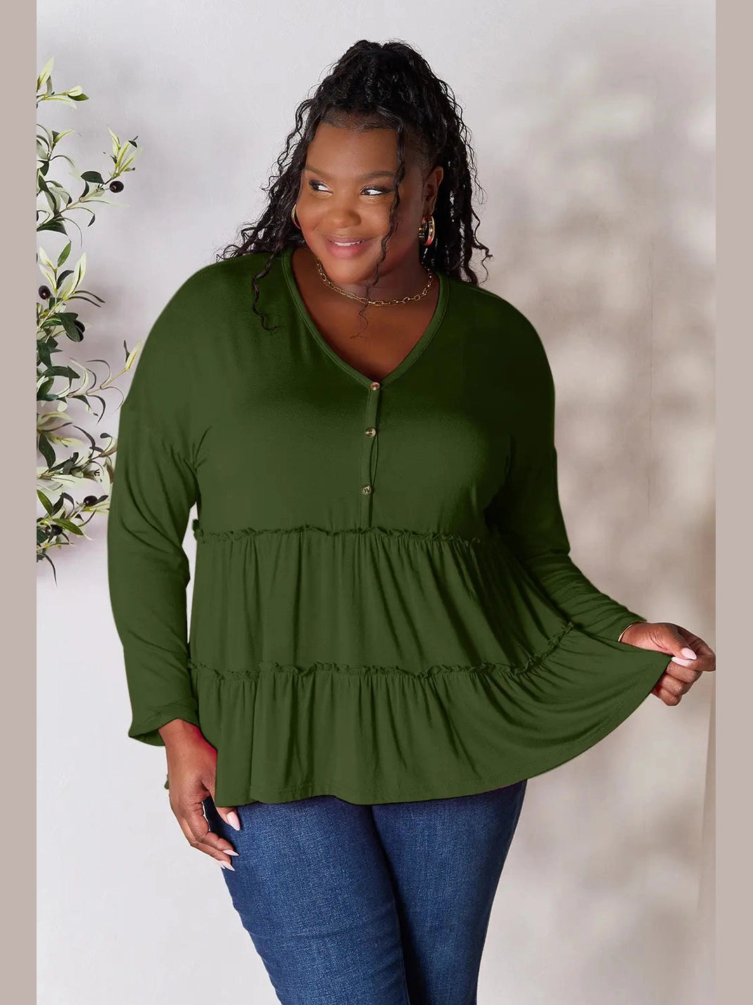 Double Take Half Button Long Sleeve Ruffle Hem Blouse nicholesgifts