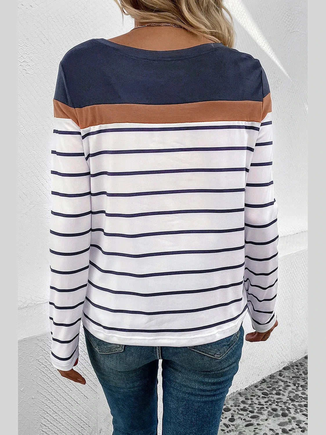 Perfee Striped Round Neck Long Sleeve T-Shirt nicholesgifts