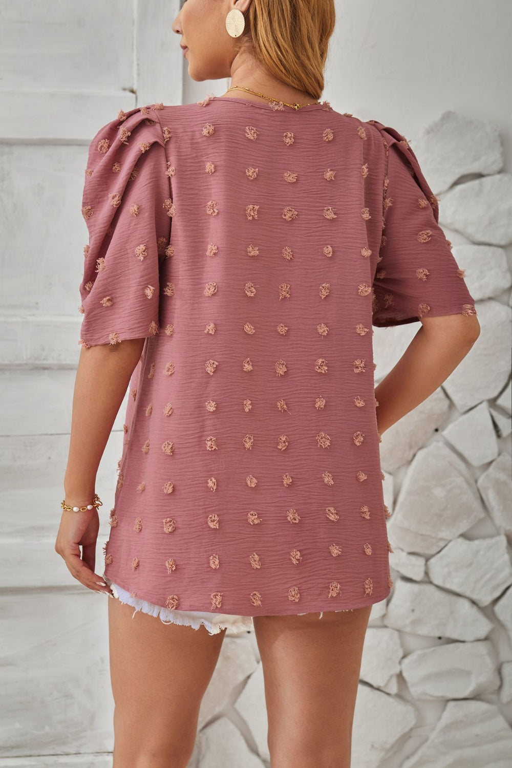 Swiss Dot Round Neck Short Sleeve Blouse nicholesgifts