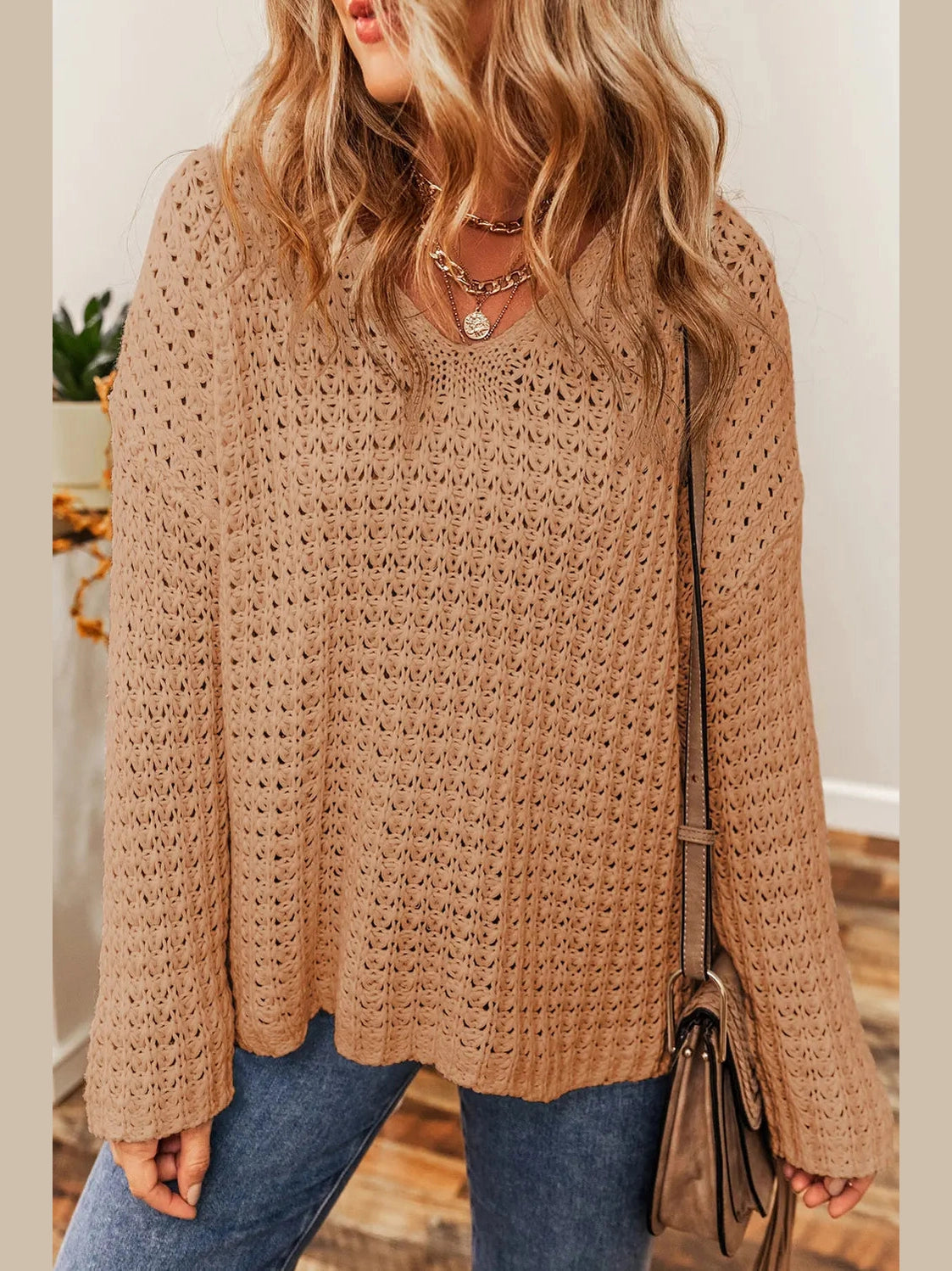 Openwork Round Neck Long Sleeve Sweater Trendsi