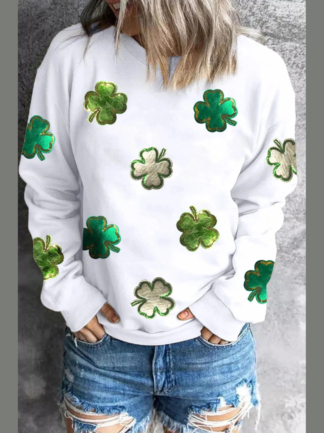 Lucky Clover Round Neck Long Sleeve Sweatshirt nicholesgifts