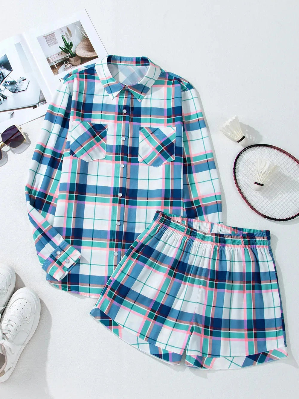 Plaid Snap Down Long Sleeve Top and Shorts Lounge Set nicholesgifts