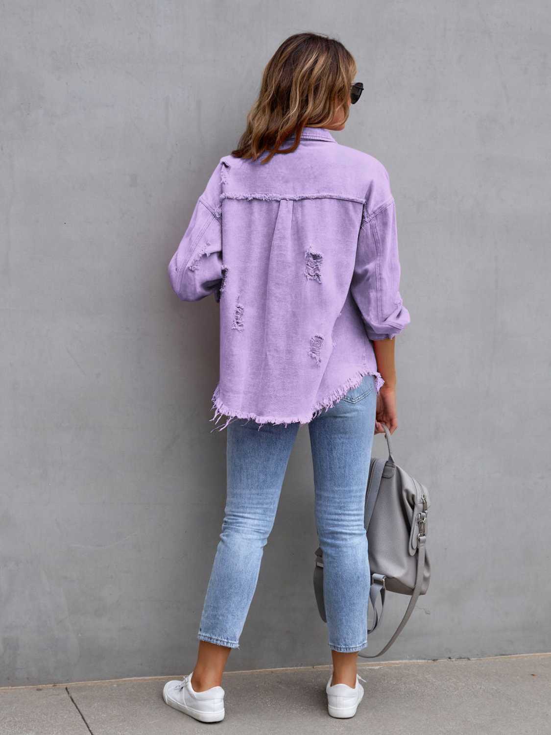 Distressed Drop Shoulder Denim Jacket nicholesgifts