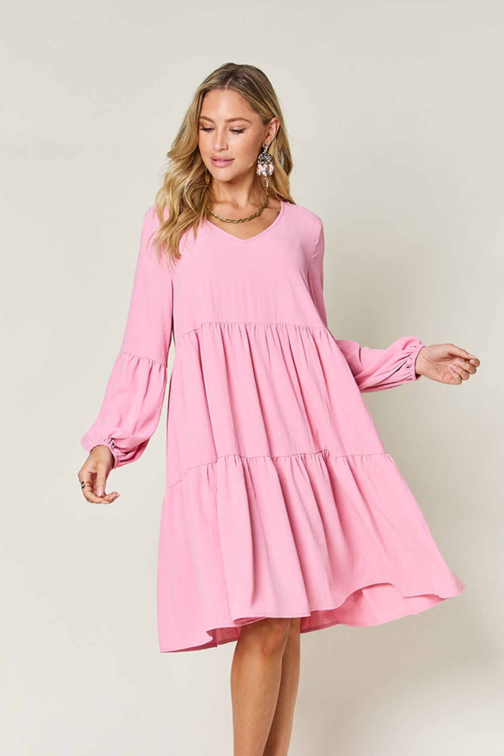 Double Take Full Size V-Neck Balloon Sleeve Tiered Dress nicholesgifts