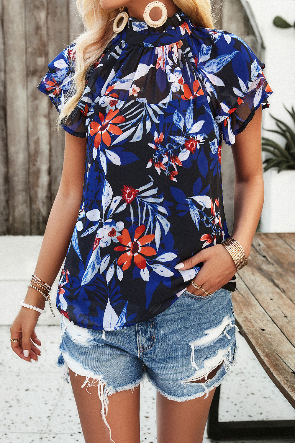 Printed Ruffled Mock Neck Blouse nicholesgifts